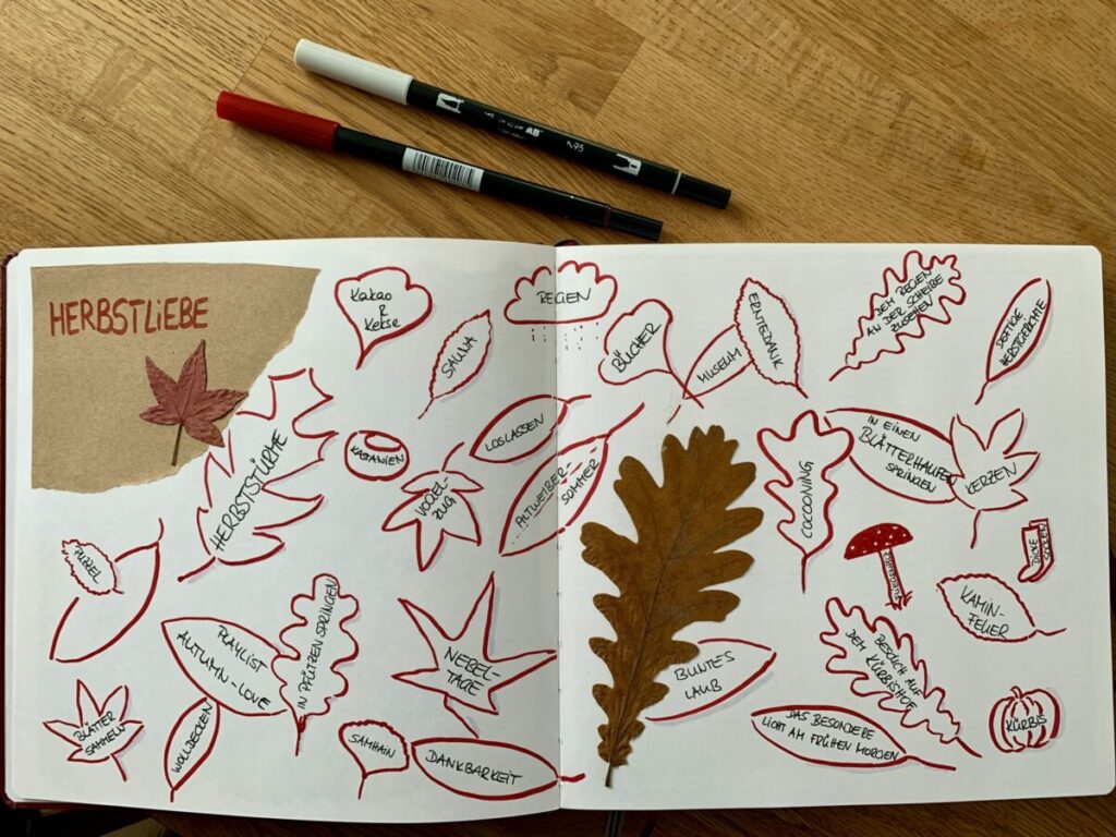 Aufgemalte Blätter vom Baum. Darin stehen die Dinge, die ich am Herbst liebe: Puzzeln, Herbststürme, Kakao und Kekse, Regen, Sauna, Bücher, Museum, Erntedank, Kastanien, Loslassen, Vogelzug, Altweibersommer, Nebeltage, In Pfützen springen, Blätter sammeln, Wolldecken, Playlist "Autumn love", Samhain, Dankbarkeit, Dem Regen an der Scheibe zusehen, Deftige Herbstgerichte, Kerzen, In einen Blätterhaufen springen, Cocooning, Buntes Laub, Besuche auf dem Kürbishof, Das besondere Licht am frühen Morgen, Kaminfeuer, Dicke Socken, Kürbis.