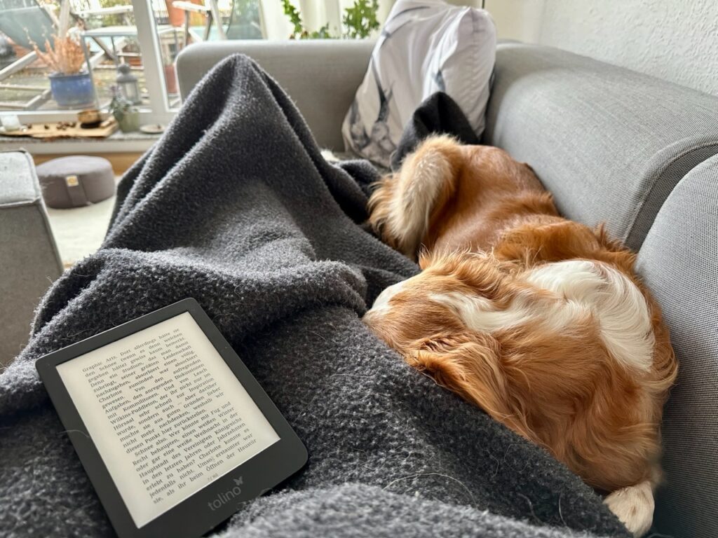 Bild aus der Perspektive der Verfasserin aufgenommen: Man sieht eine dunkelgraue Wolldecke, mit der sie sich zugedeckt hat, dazu einen eReader und ihren Hund Lise, der sich zwischen sie und die Rücklehne der Couch kuschelt.