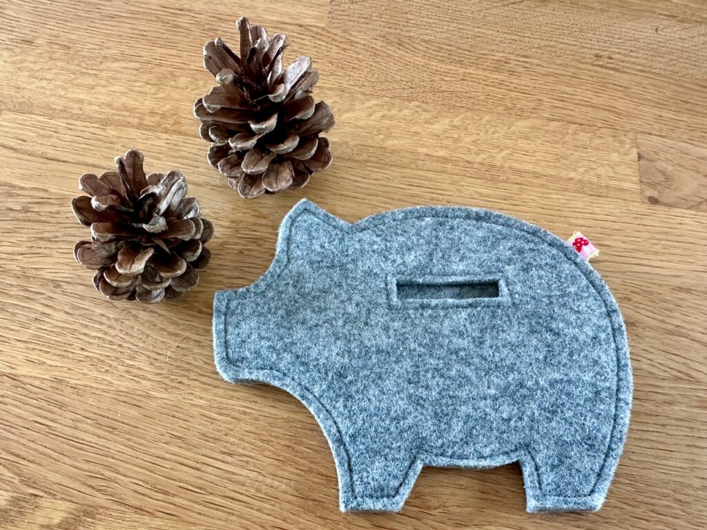 Manni ist ein flaches Sparschwein aus grauem Filz mit einem kleinen Schlitz an der Seite, um Geld hineinzustecken. Daneben liegen zwei Kieferzapfen.