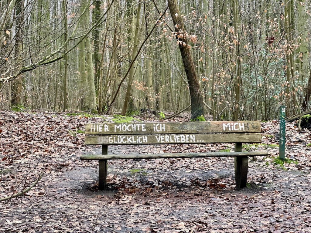 Auf die Rückenlehne der Bank hat jemand geschrieben: "Hier möchte ich mich (un)glücklich verlieben." (Das "un" von unglücklich ist weggeputzt, aber noch ein wenig erkennbar.