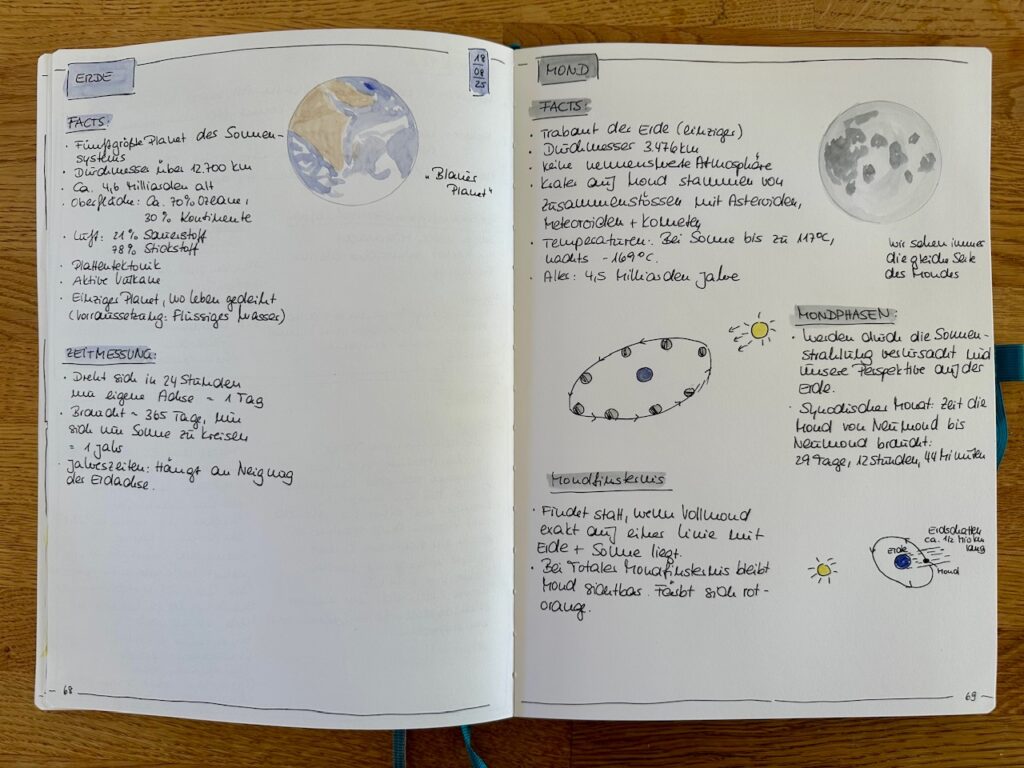 Nature Journal-Doppelseite mit Skizzen und Aufzeichnungen zu Erde und Mond