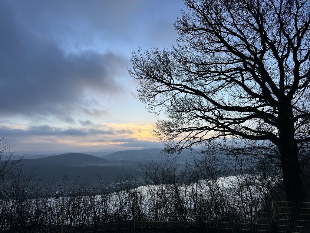 Sonnenaufgang mit Blick auf das Ruhrtal bei Wetter. Im Vordergrund sieht man auf der rechten Seite scherenschnittartig einen Laubbaum.