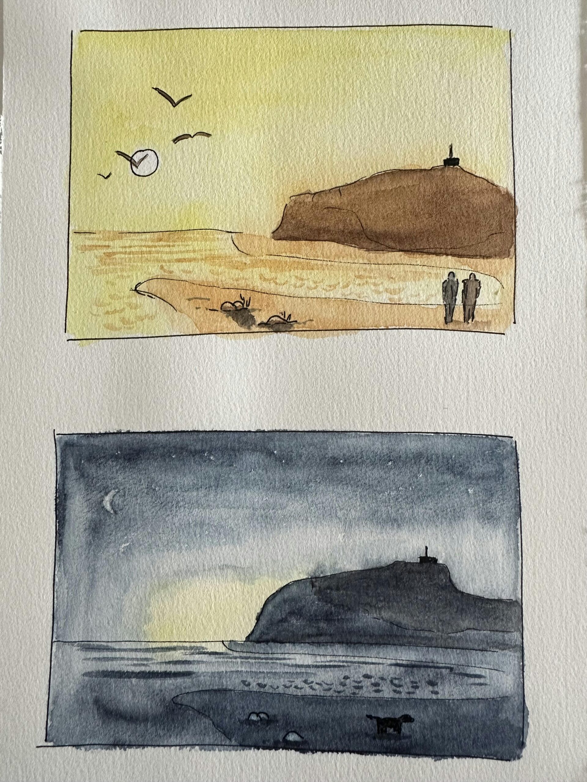 Aquarell mit zwei Bildern übereinander: Oben eine Strandlandschaft im Sonnenuntergang, darunter die selbe Landschaft des nachts mit Mondschein.