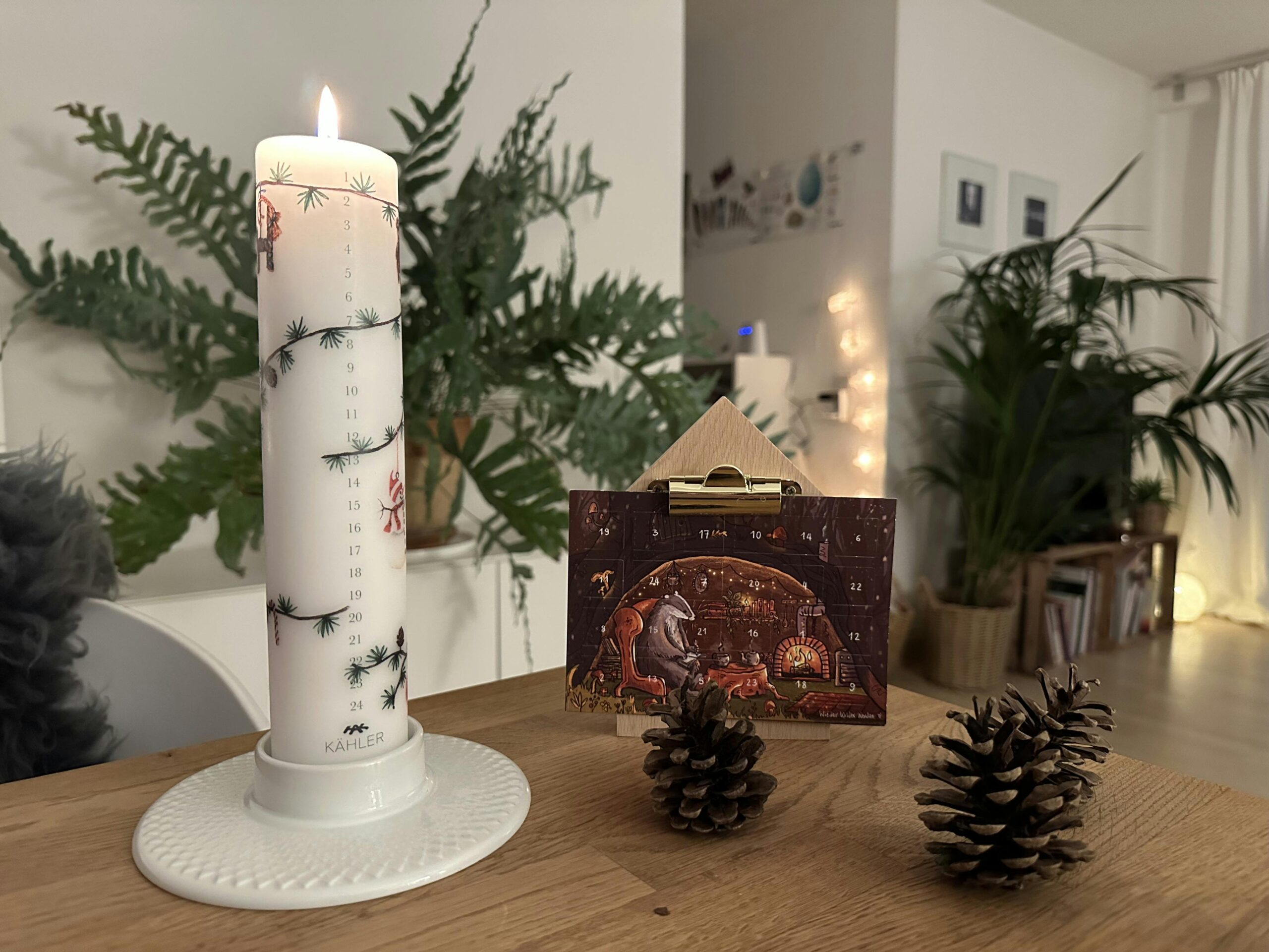 Holztisch mit einer brennenden Adventskalenderkerze, zwei Kiefernzapfen und ein Holzständer mit einer angeklemmten Adventskalenderkarte.